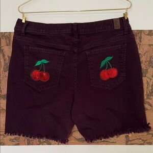 Dark Purple Jean Shorts with Cherry Embroidery